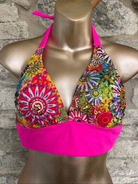 Floral beaded Halter Swim Top
